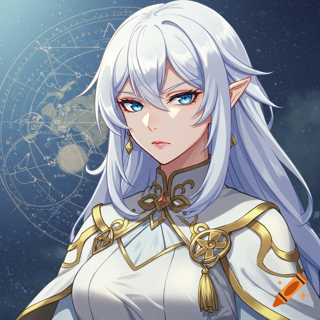 Anime illustration of a white-haired character with blue eyes and elf ears, wearing a white and gold outfit, against an astrological chart background.