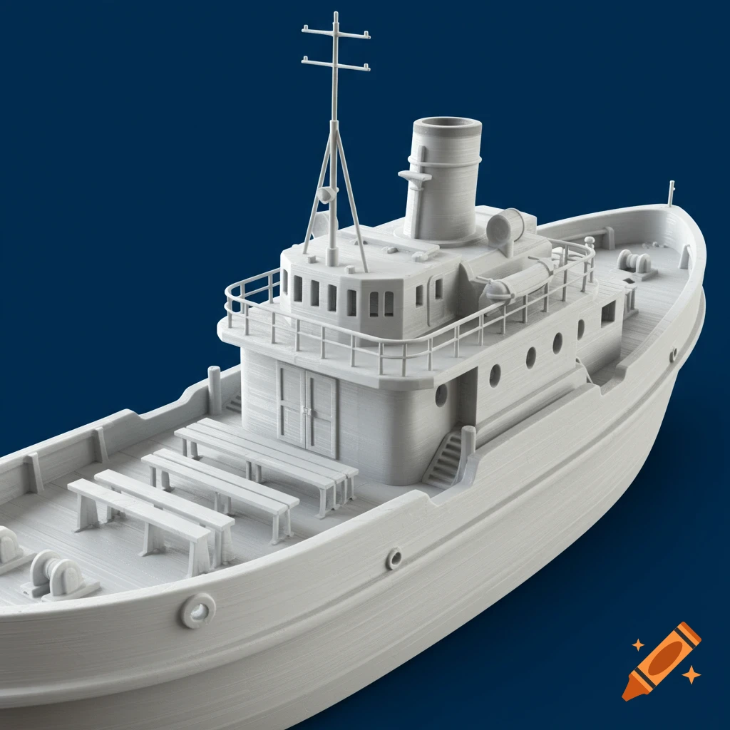 A grey 3D printed model boat on a blue background.