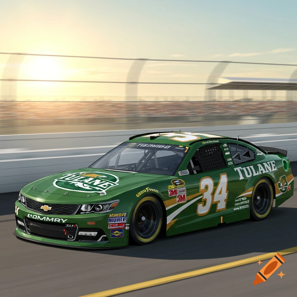 Green Tulane #34 NASCAR race car on a track at sunset.