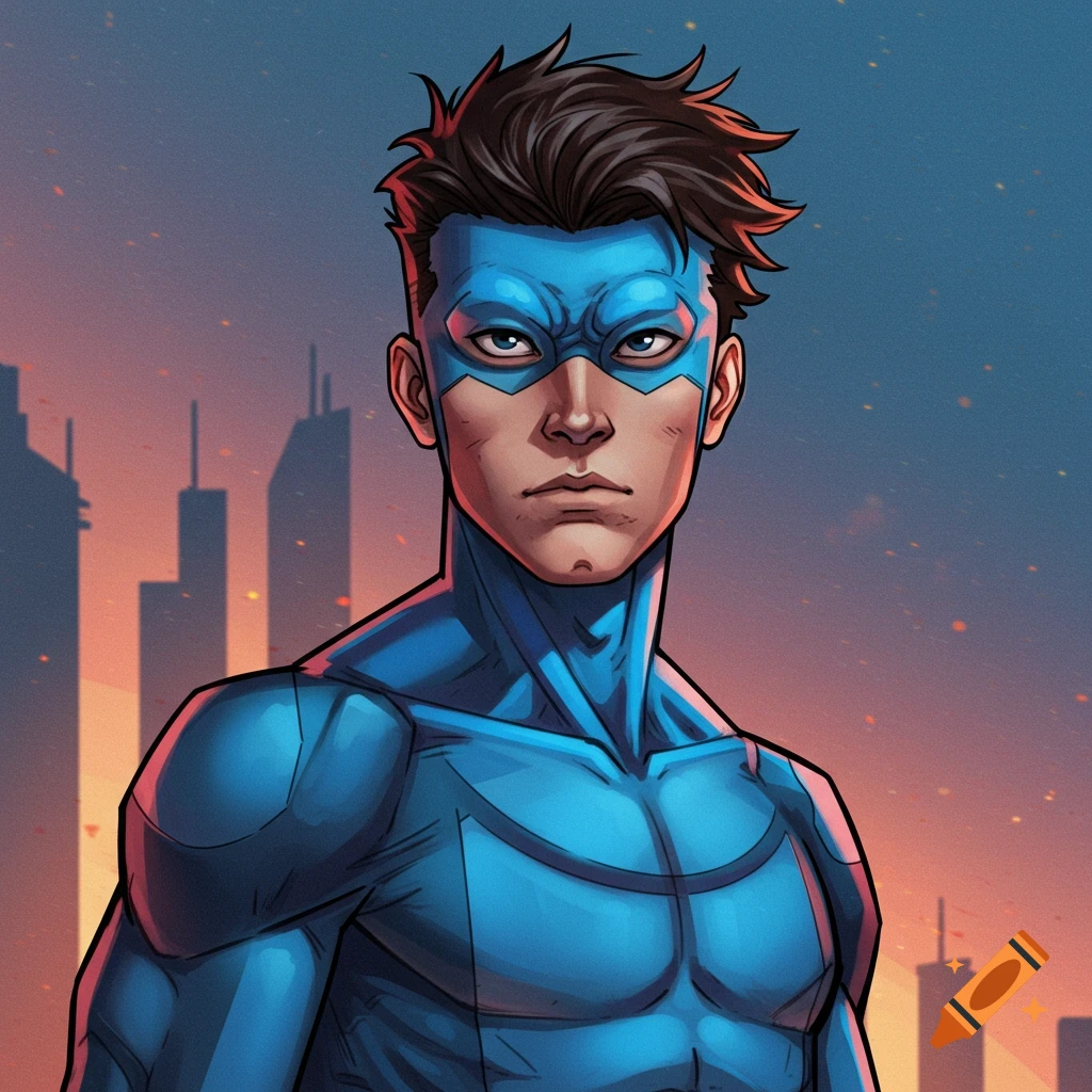 A young man in a blue superhero suit and mask stands in front of a city skyline at sunset.