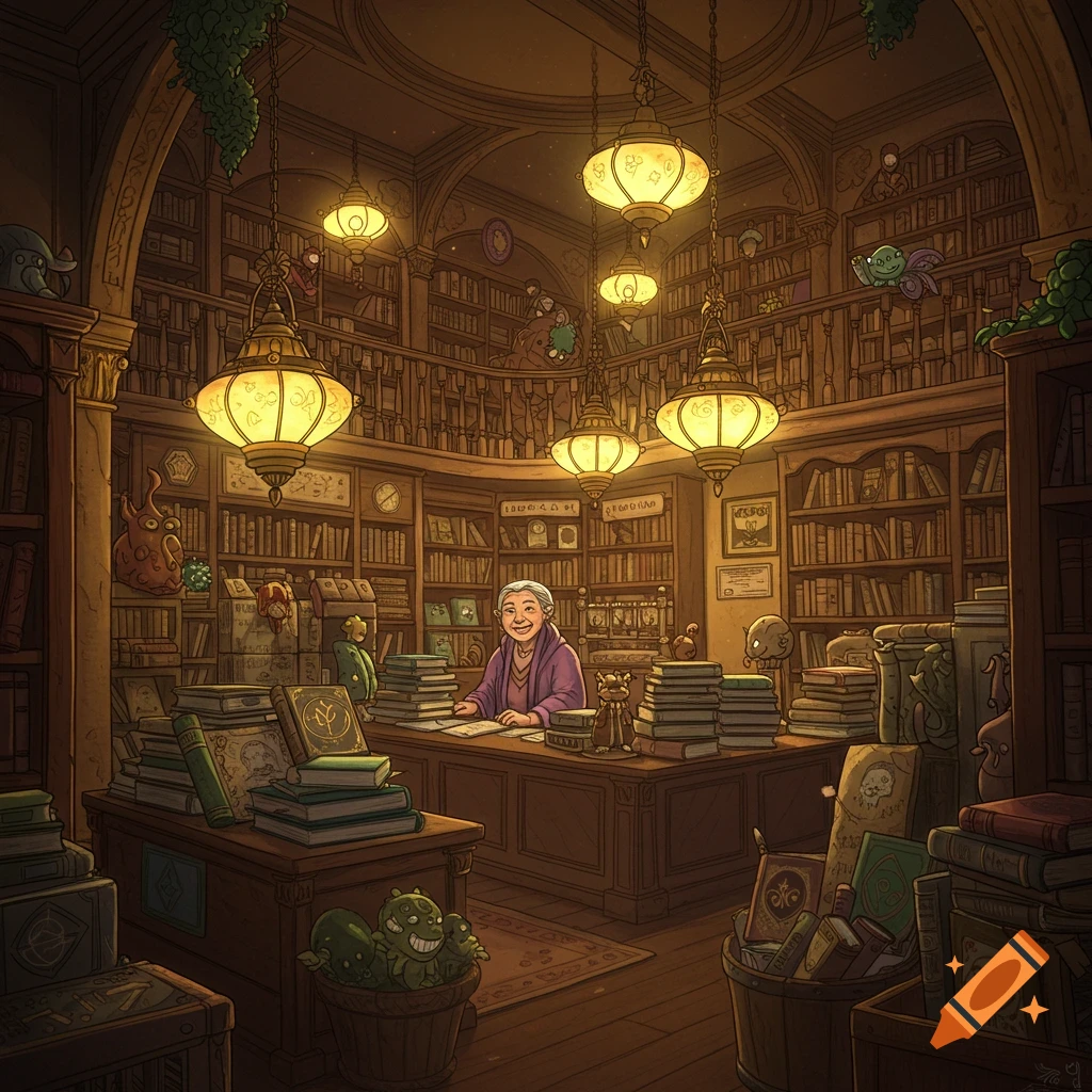 A person sits at a desk in a magical bookstore filled with books and whimsical creatures.