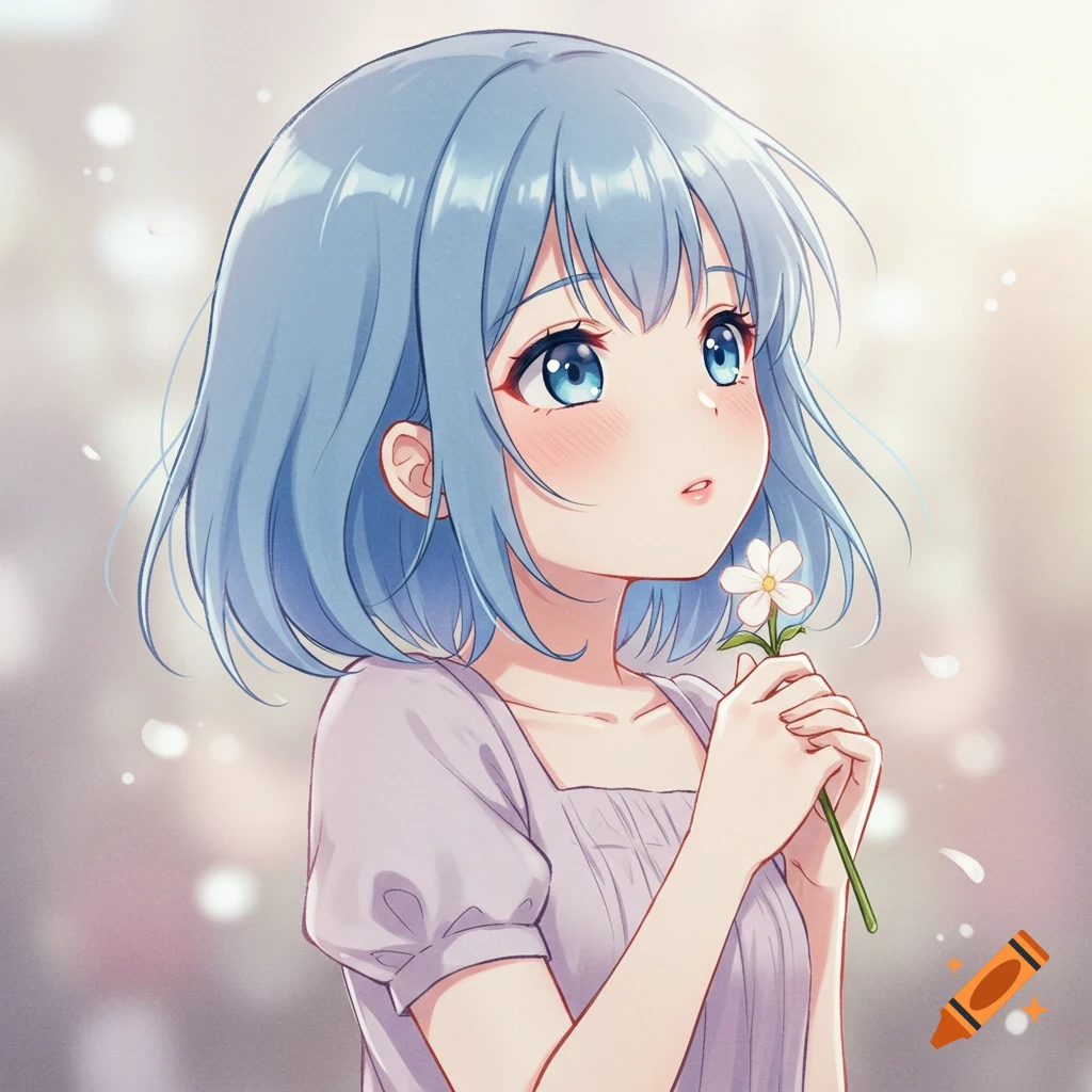 Anime portrait of a girl with blue hair holding a white flower