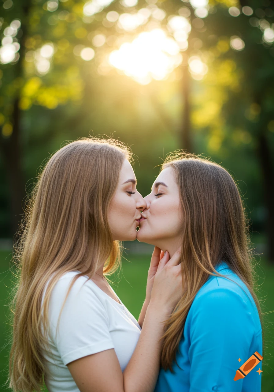 Two women kiss in a sunny park.