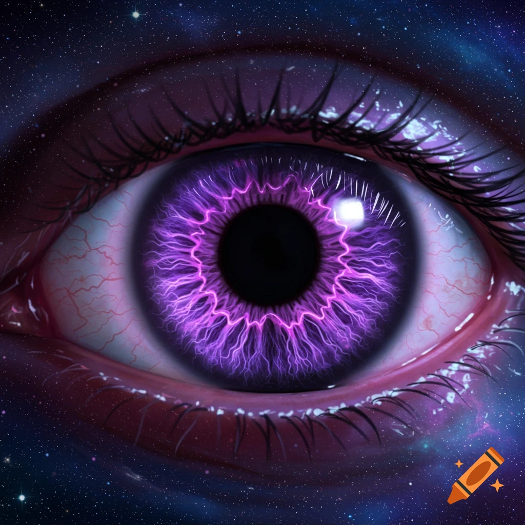 A close-up of a large purple eye with a glowing, galaxy-like pupil set against a starry background.