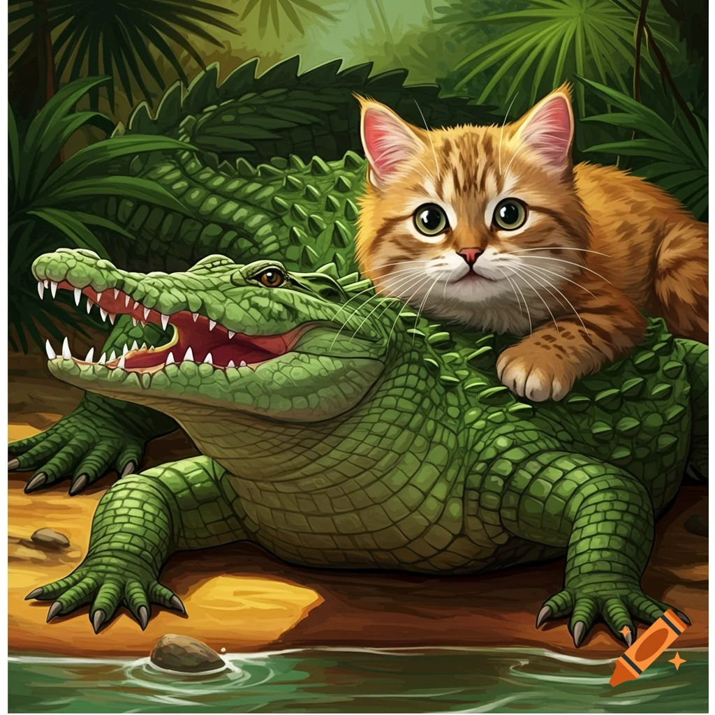 An orange tabby cat sits on the back of a green crocodile in a jungle.