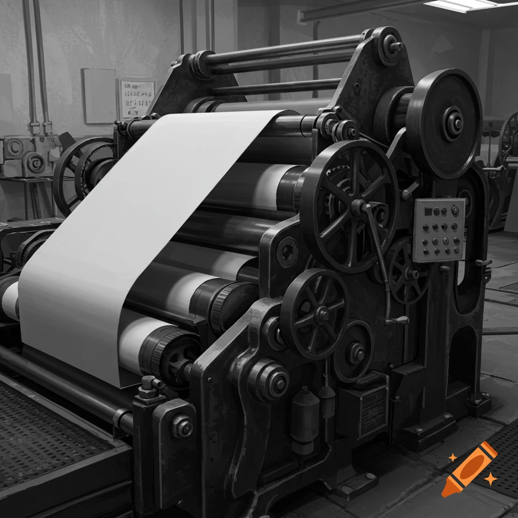 Black and white image of an old paper machine in a factory.