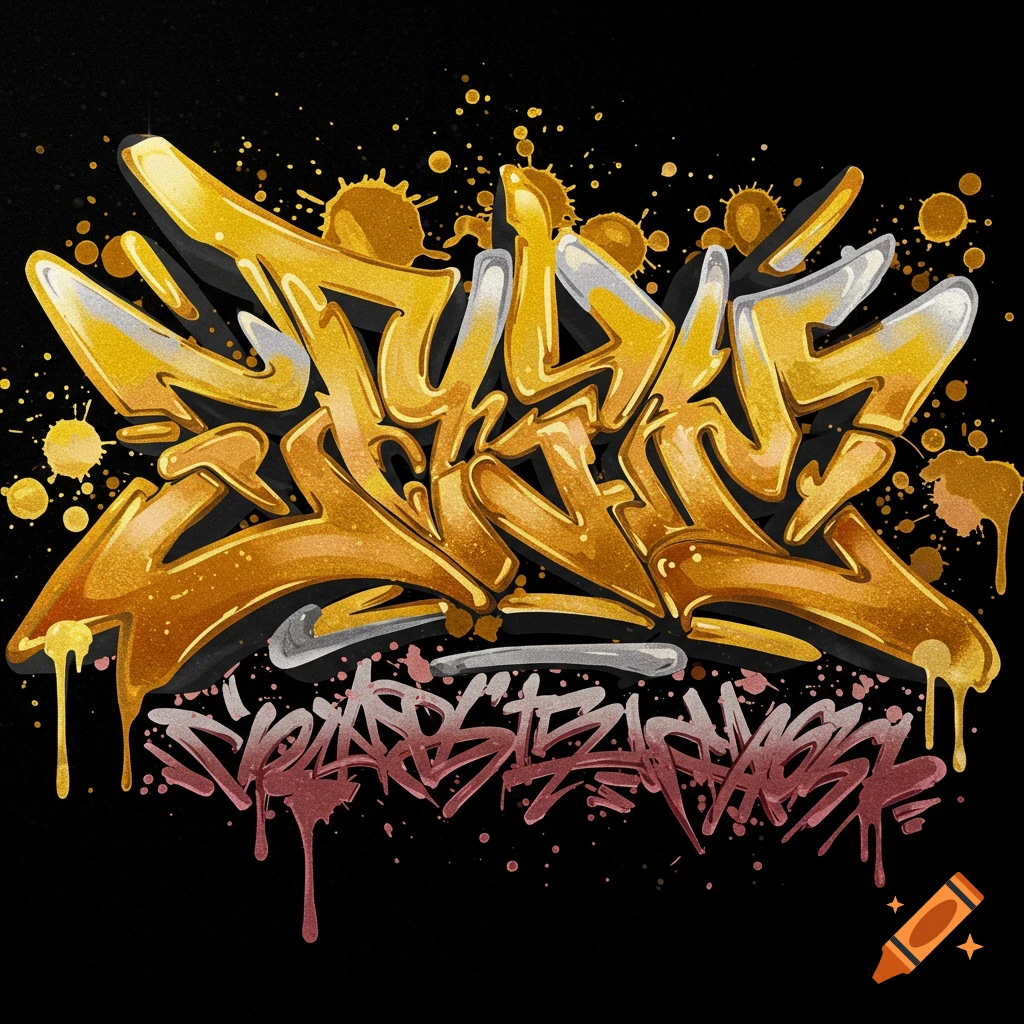 Stylized gold and silver graffiti tag with paint splatters on black background.