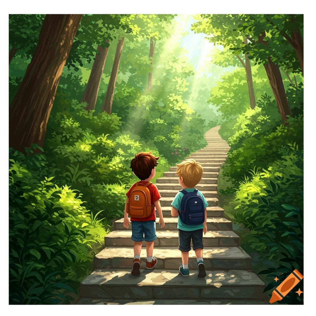 Two boys hike up a sun-dappled stone path through a lush forest.