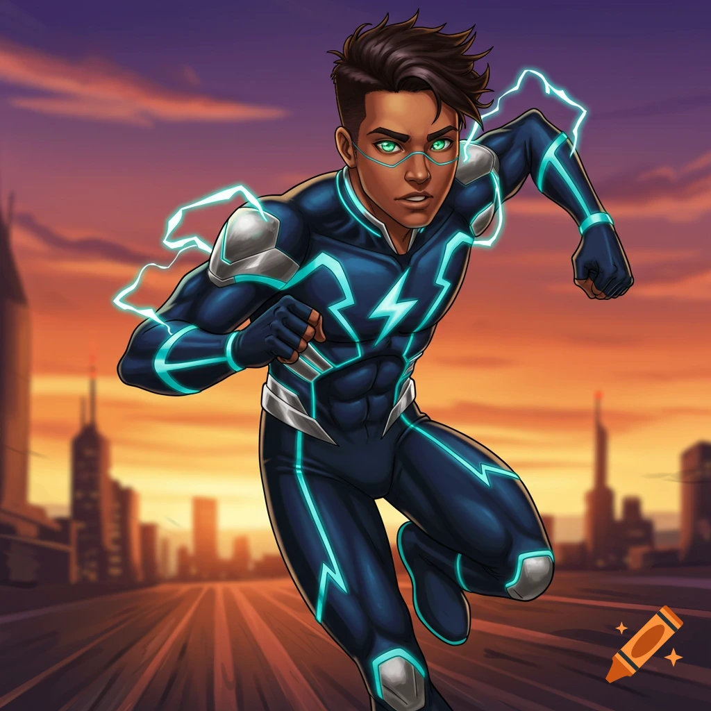 A dark-skinned male superhero in a dark blue suit with lightning patterns runs through a city at sunset.