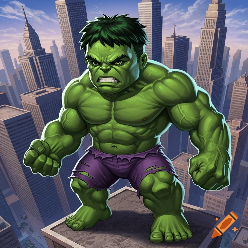 A small Hulk character stands on a city rooftop.