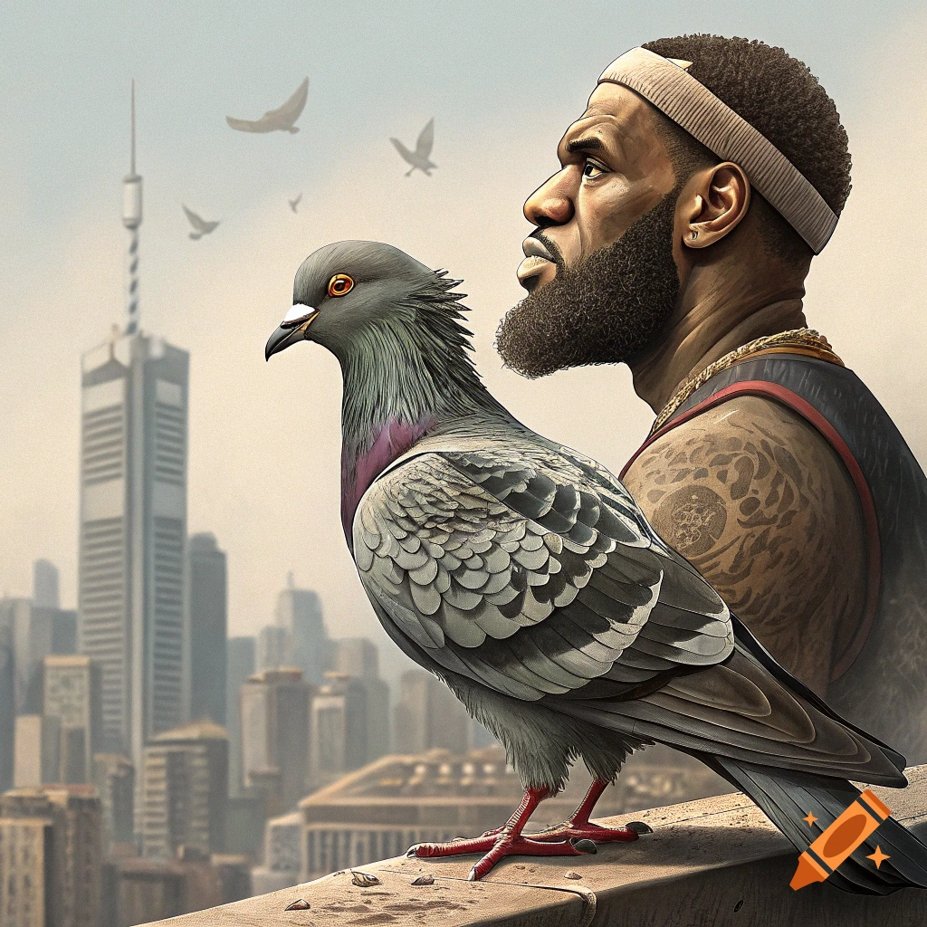 A pigeon with the head of LeBron James sits on a ledge overlooking a city skyline.