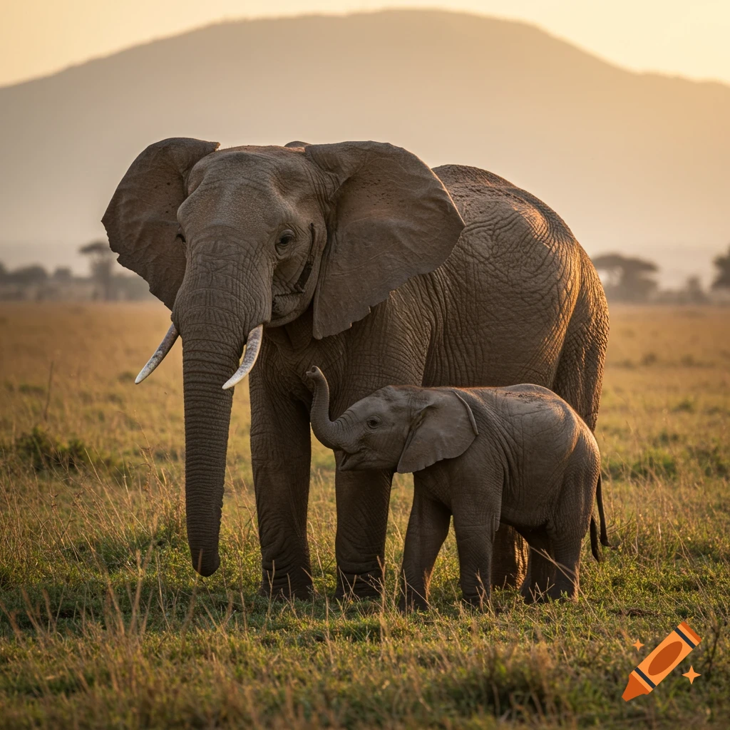 Mother and baby elephants stand in a savanna at sunset