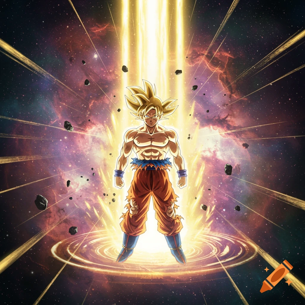 Goku powering up with glowing energy in a space background with debris.