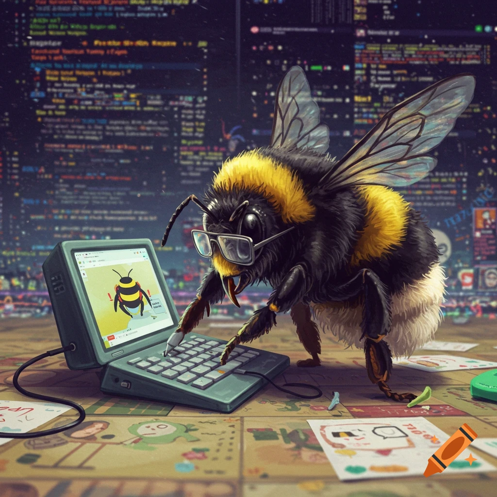 A bumblebee wearing glasses typing on a laptop with a code background