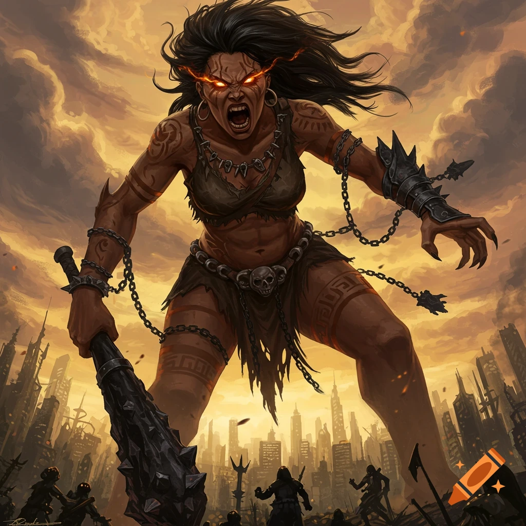 Giant angry female monster stands over destroyed city, holding spiked club.