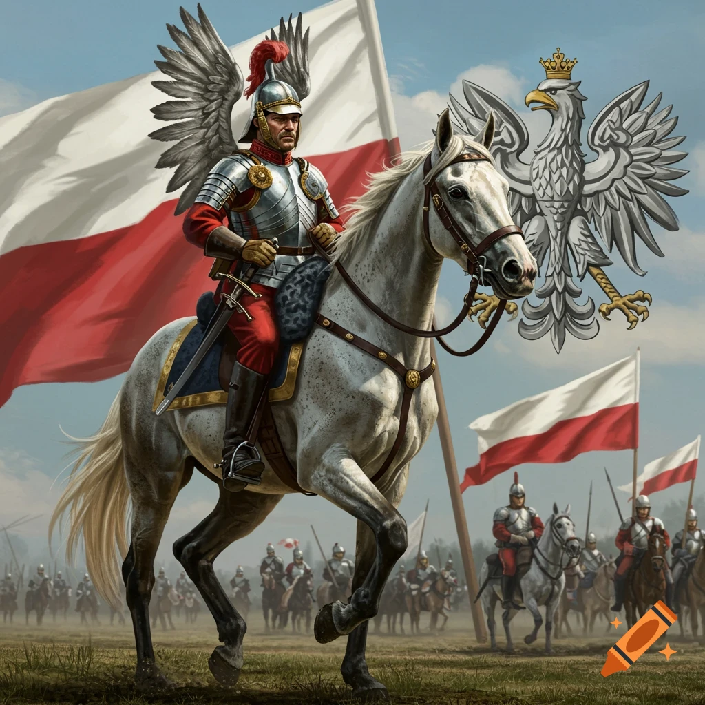 Polish Hussar on a horse with Polish flags and eagle emblem