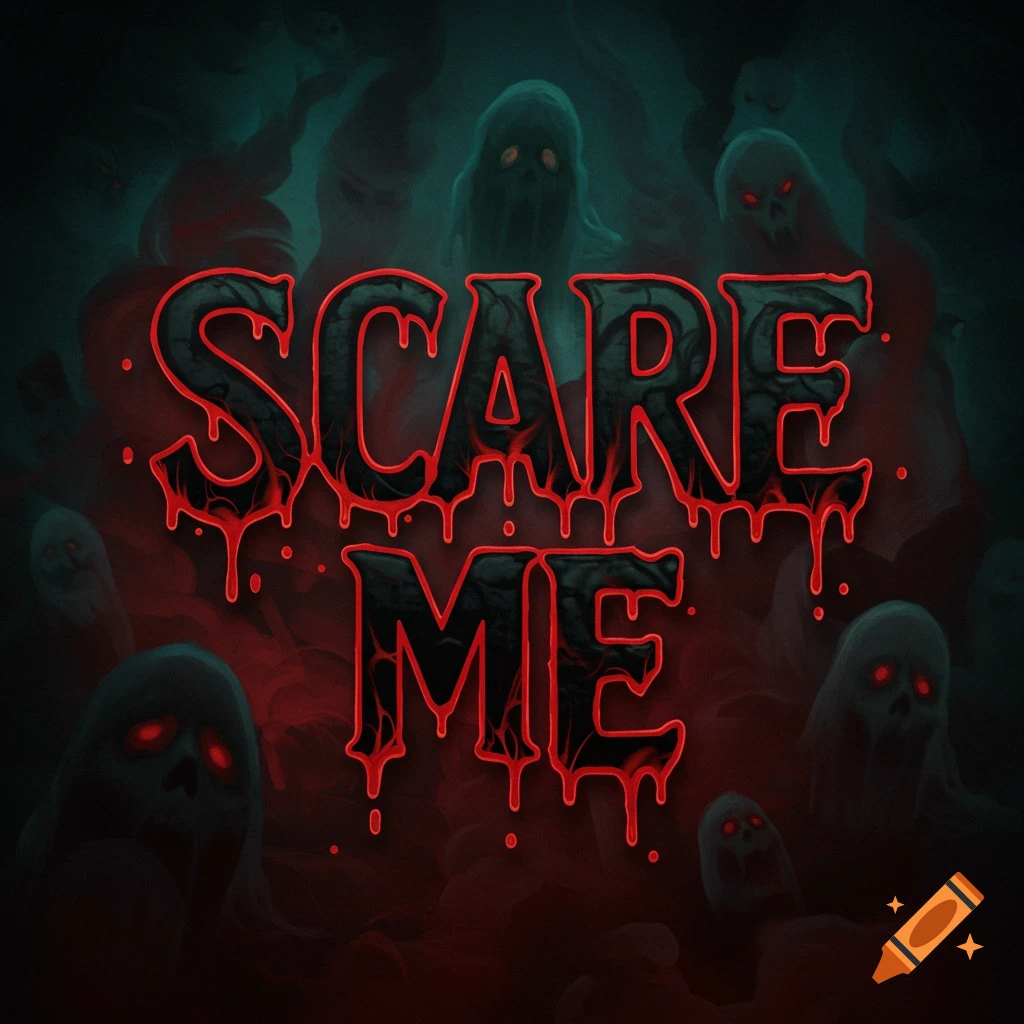 Dark text SCARE ME dripping red among ghostly figures with red eyes