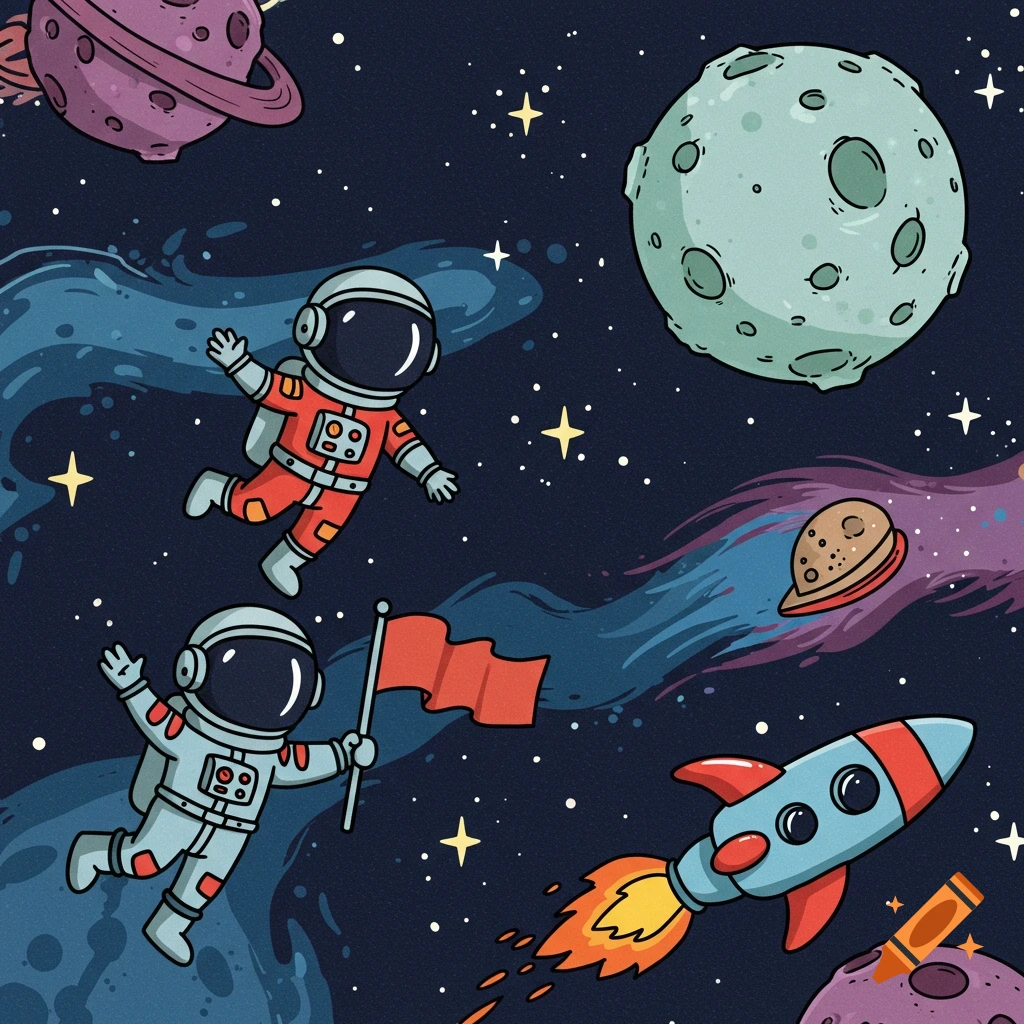 Cartoon astronauts float in space with a rocket and planets.