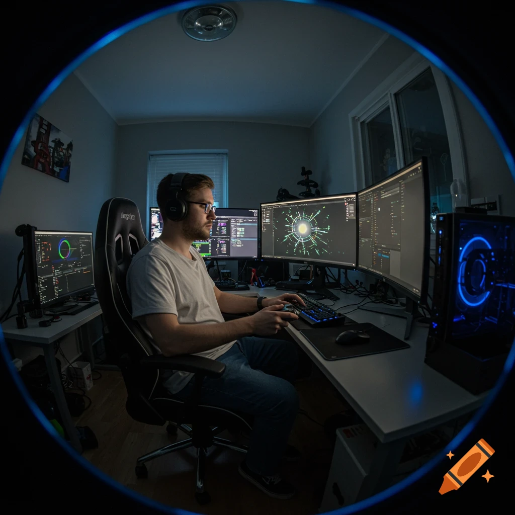 Man playing video games on multiple monitors in a room, fisheye view.