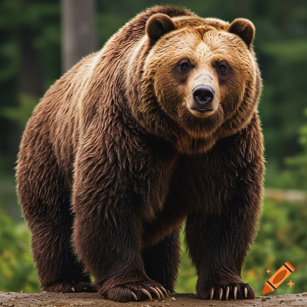 A large brown bear standing and looking forward.