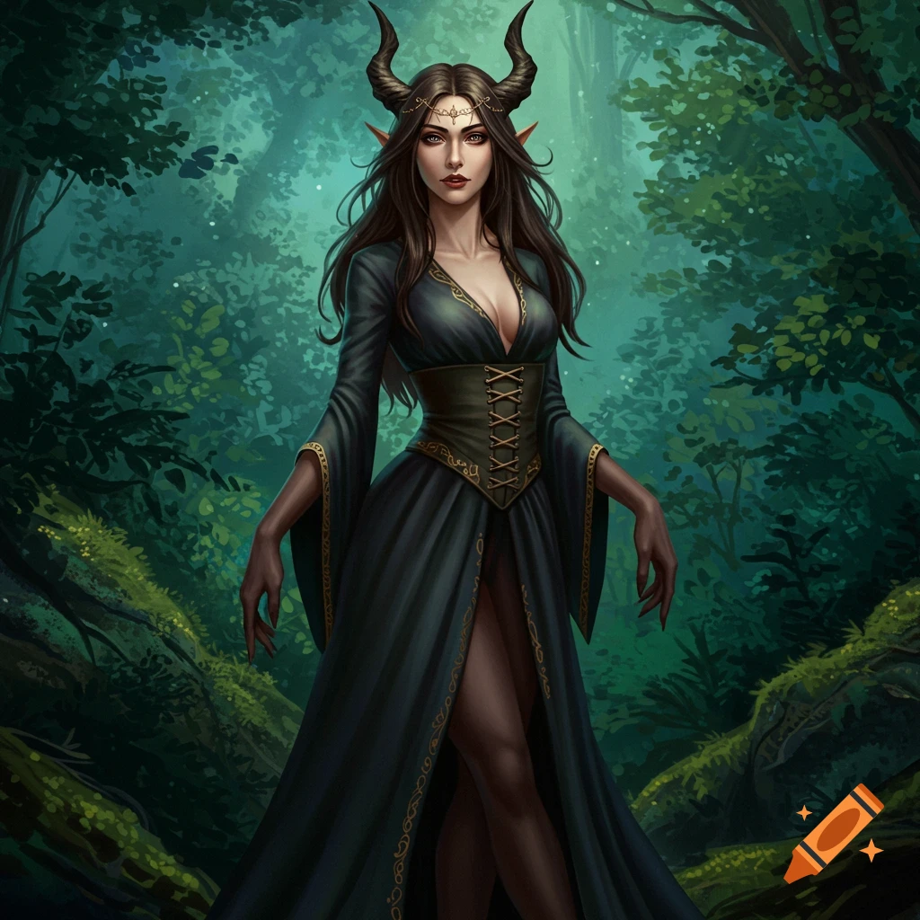 A fantasy woman with horns and pointed ears in a dark forest.