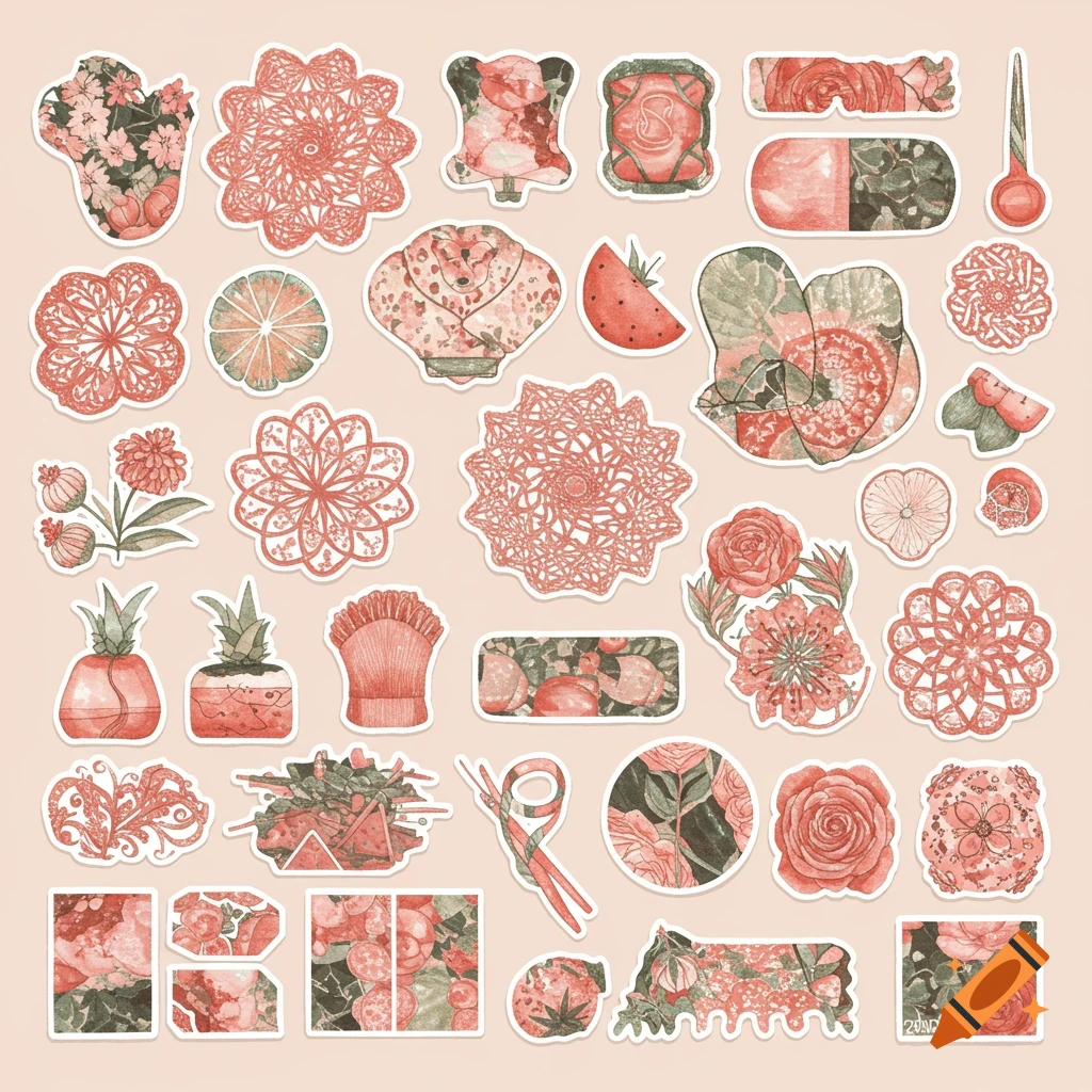 Sheet of stickers with various shapes, including floral patterns, fruit, and craft items like scissors, in a watercolor style.