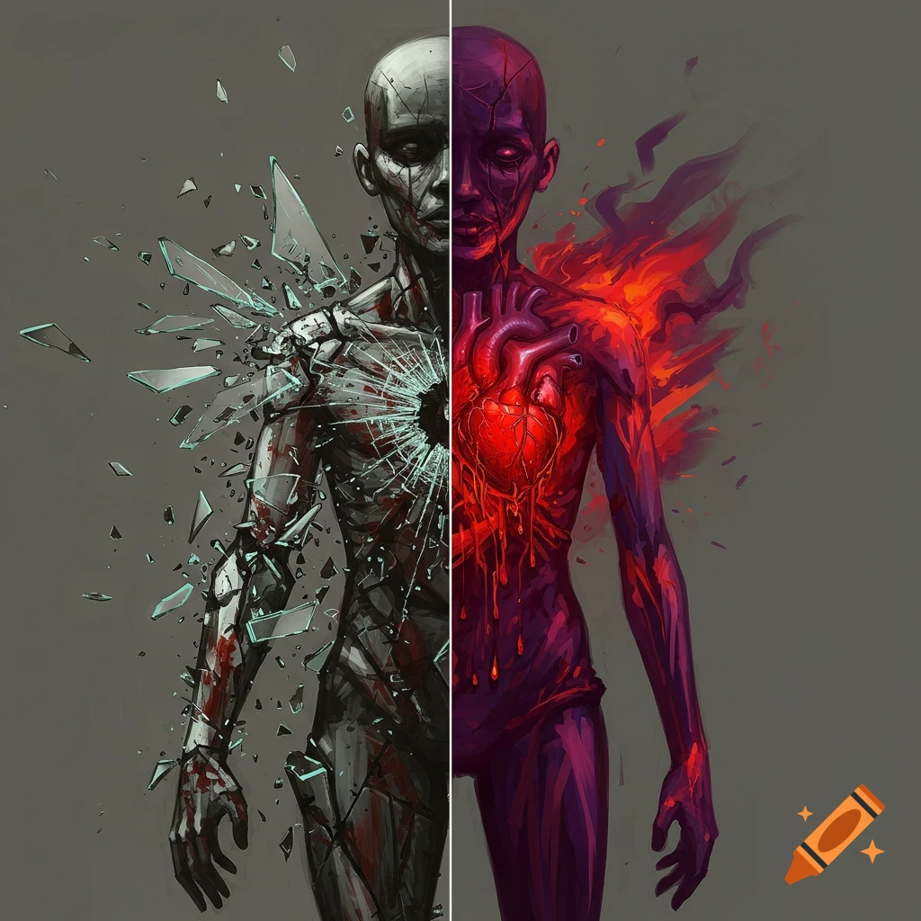 Split figure: left is broken glass/crystal with blood, right is purple with glowing heart and fire.