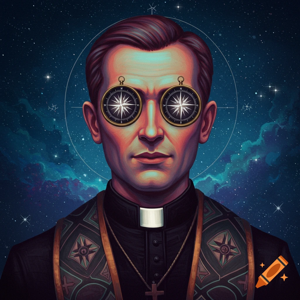 A priest with compass eyes against a starry sky.