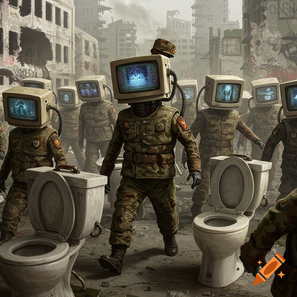 Surreal image of soldiers with televisions for heads standing among toilets in a ruined city.