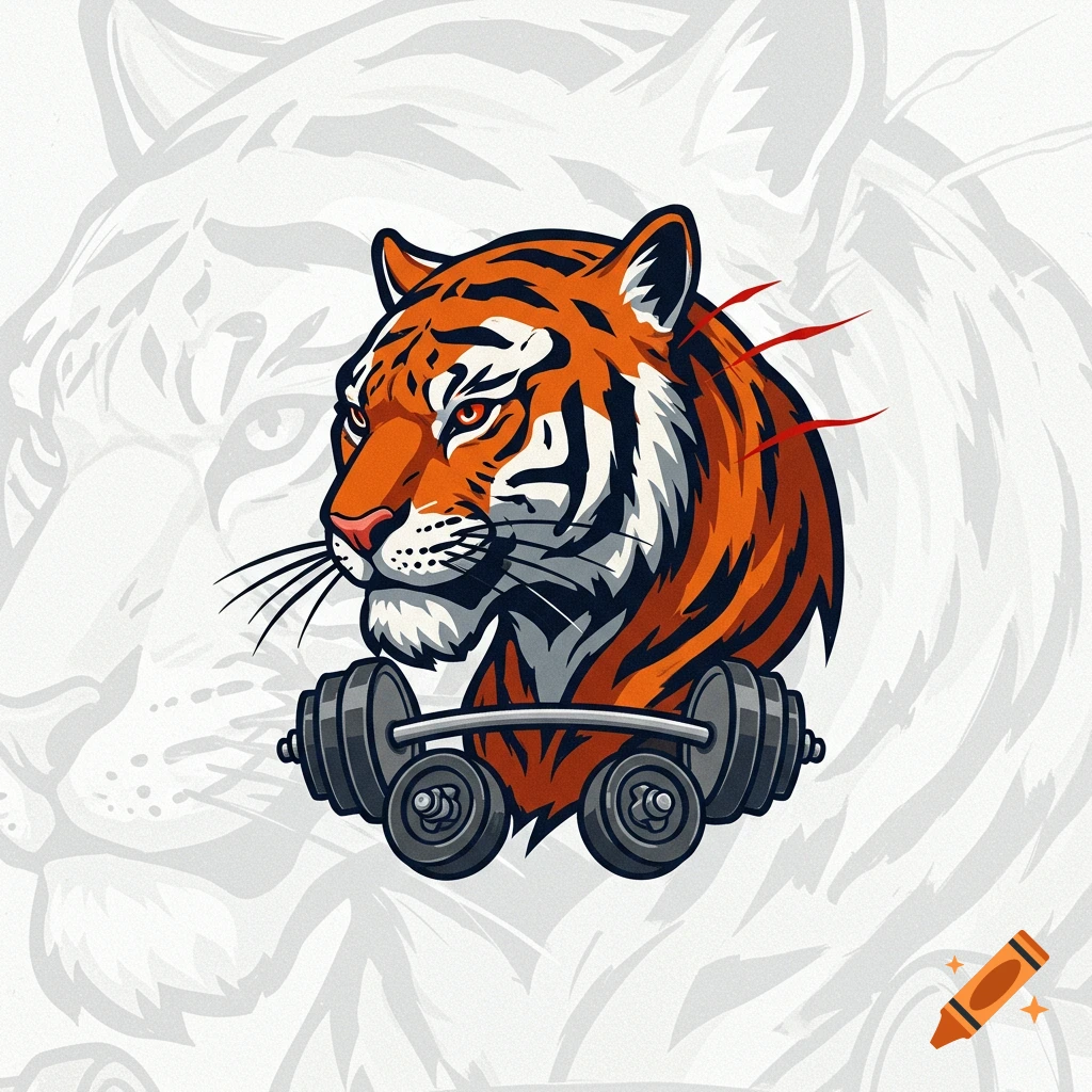 A stylized logo illustration of a tiger head holding a barbell in its mouth.