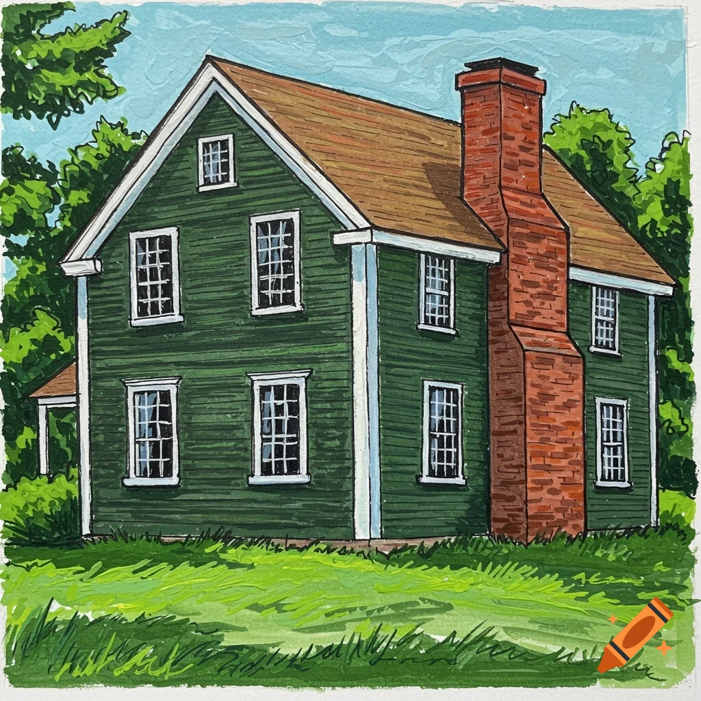 An illustration of a green house with a tall red brick chimney against a blue sky.