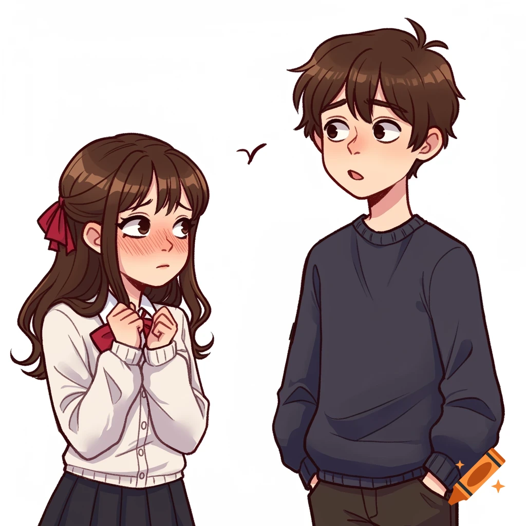 Anime drawing of a nervous girl blushing next to a boy with his hands in his pockets.