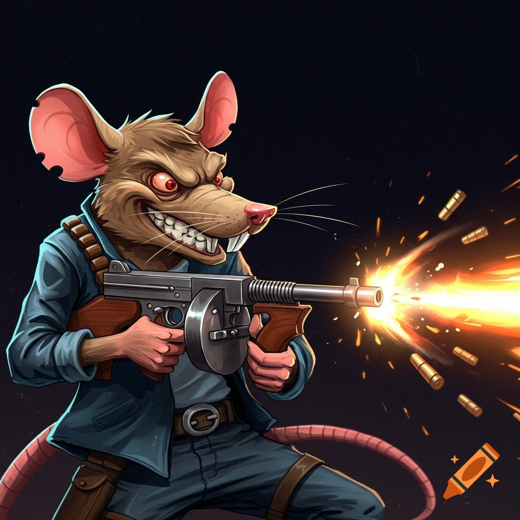Cartoon rat firing a tommy gun.