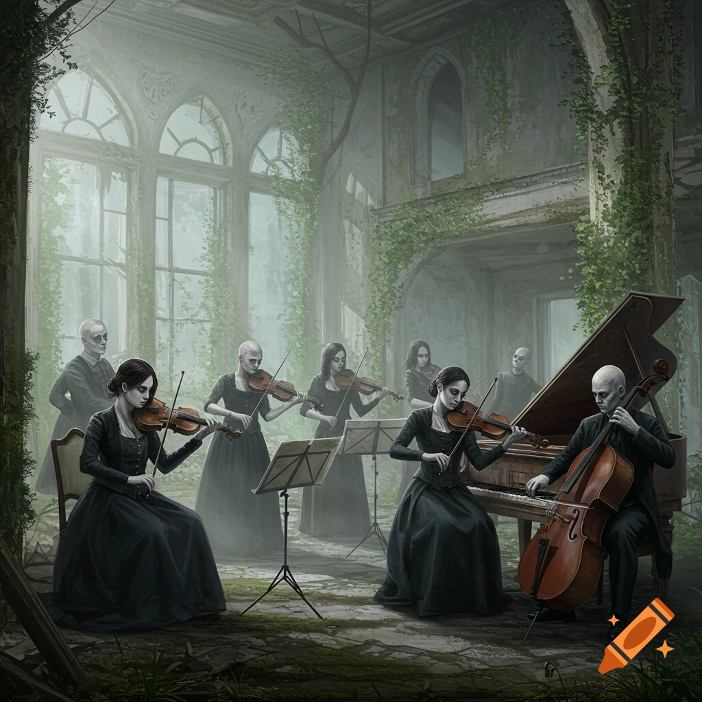 A spectral orchestra plays in a ruined hall.