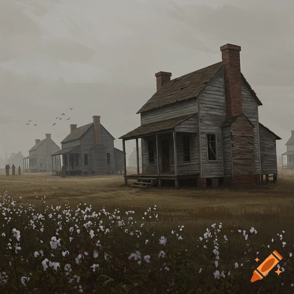 Old wooden houses in a field with figures under a misty sky.