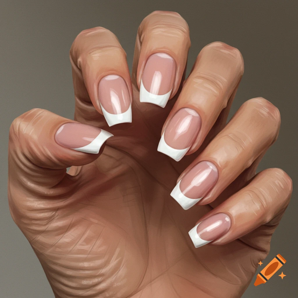 A hand with white-tipped french manicure nails.