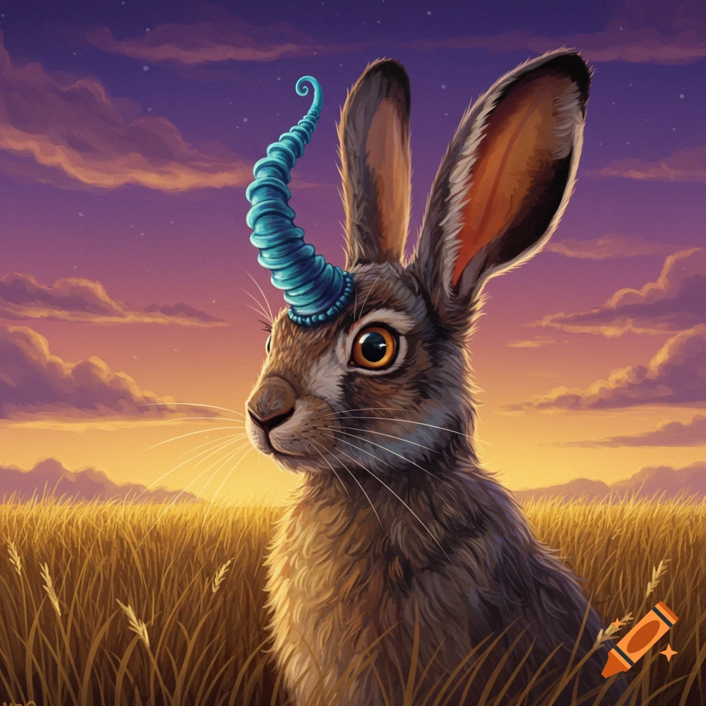 A jackrabbit with a blue spiral horn in a field at sunset.