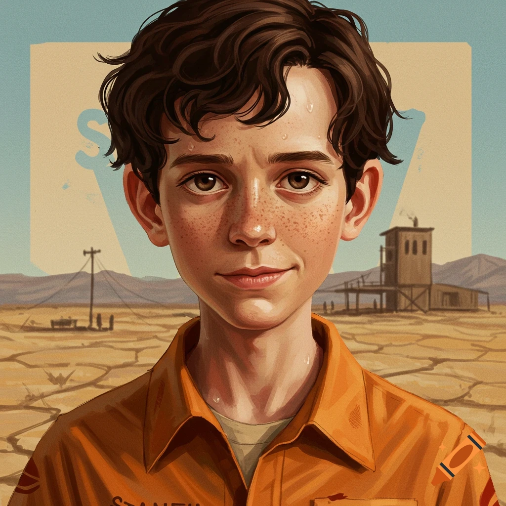 A young boy with freckles in an orange shirt, sweating in a desert landscape.