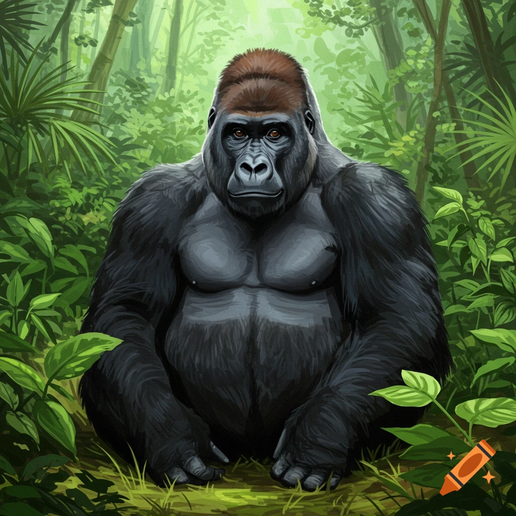 A gorilla sitting in a forest.