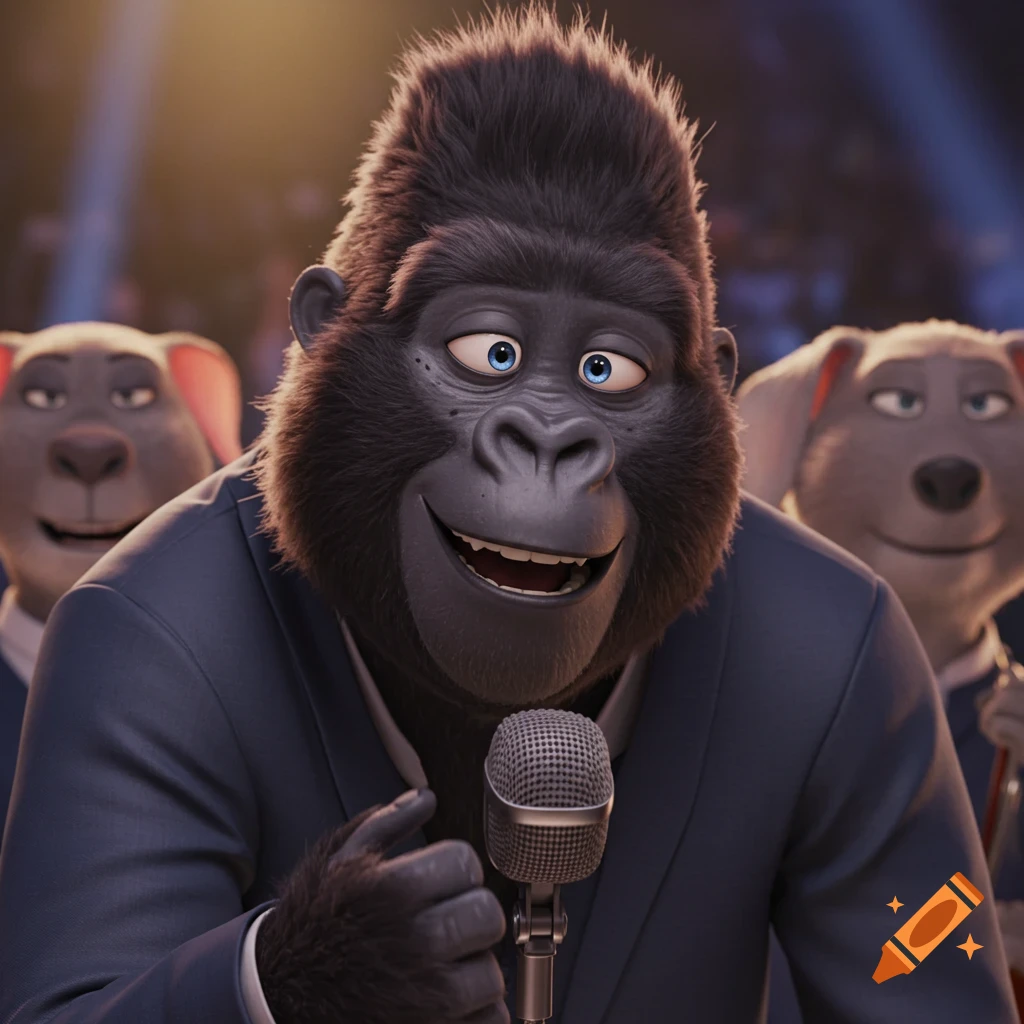 3D animation of a gorilla character in a suit singing into a microphone on stage