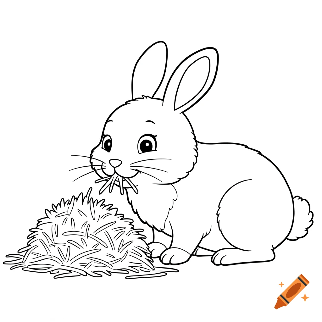 Black and white line drawing of a cute bunny eating a pile of hay.