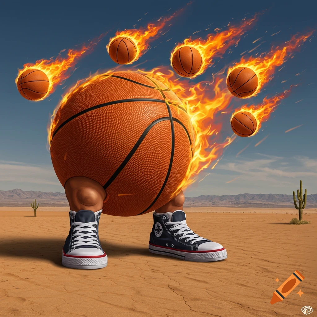 Giant flaming basketball with legs and shoes standing in a desert with flaming basketballs falling.