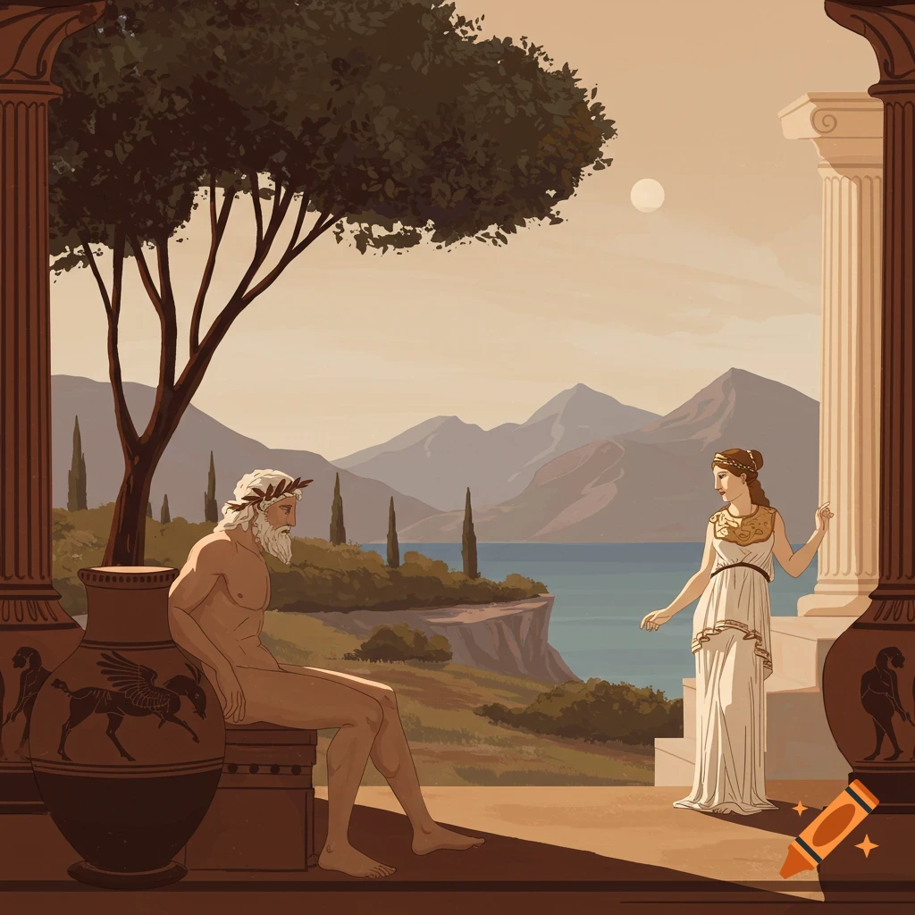 Two figures in ancient Greece with columns, mountains, and sea in background.