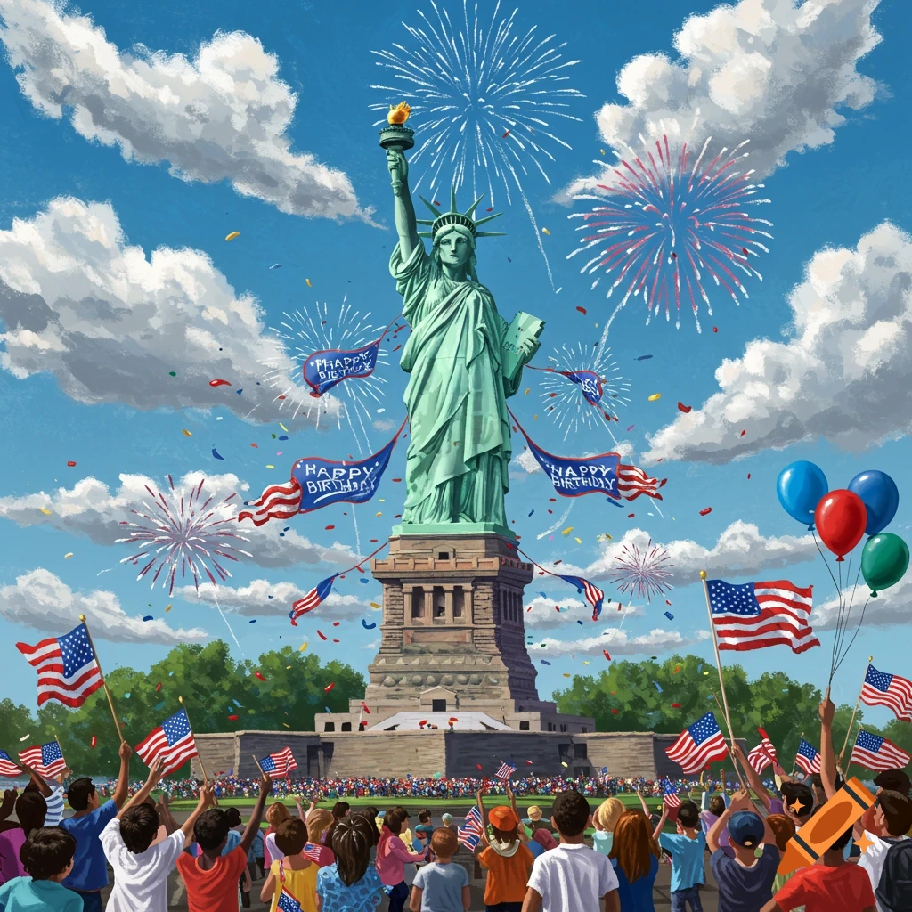 The Statue of Liberty is shown with fireworks, balloons, and flags, and a crowd celebrates below.