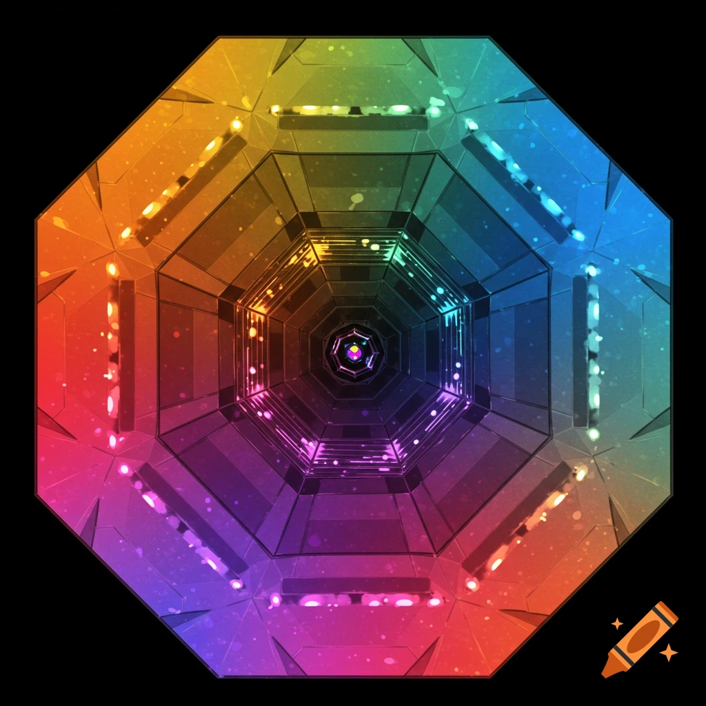 Octagonal view into a rainbow-colored geometric tunnel with lights.
