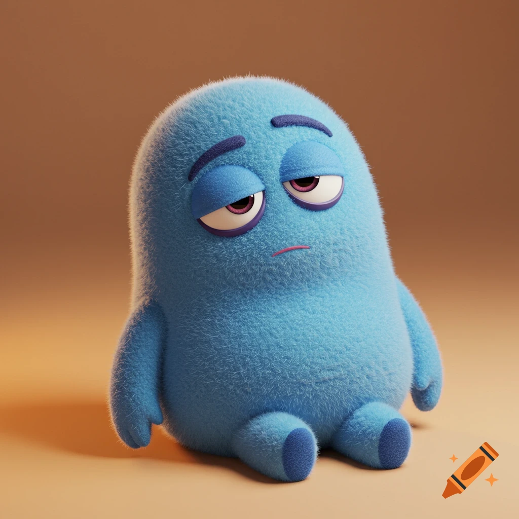A fuzzy blue cartoon creature sits and looks sad or sleepy. 3D render.