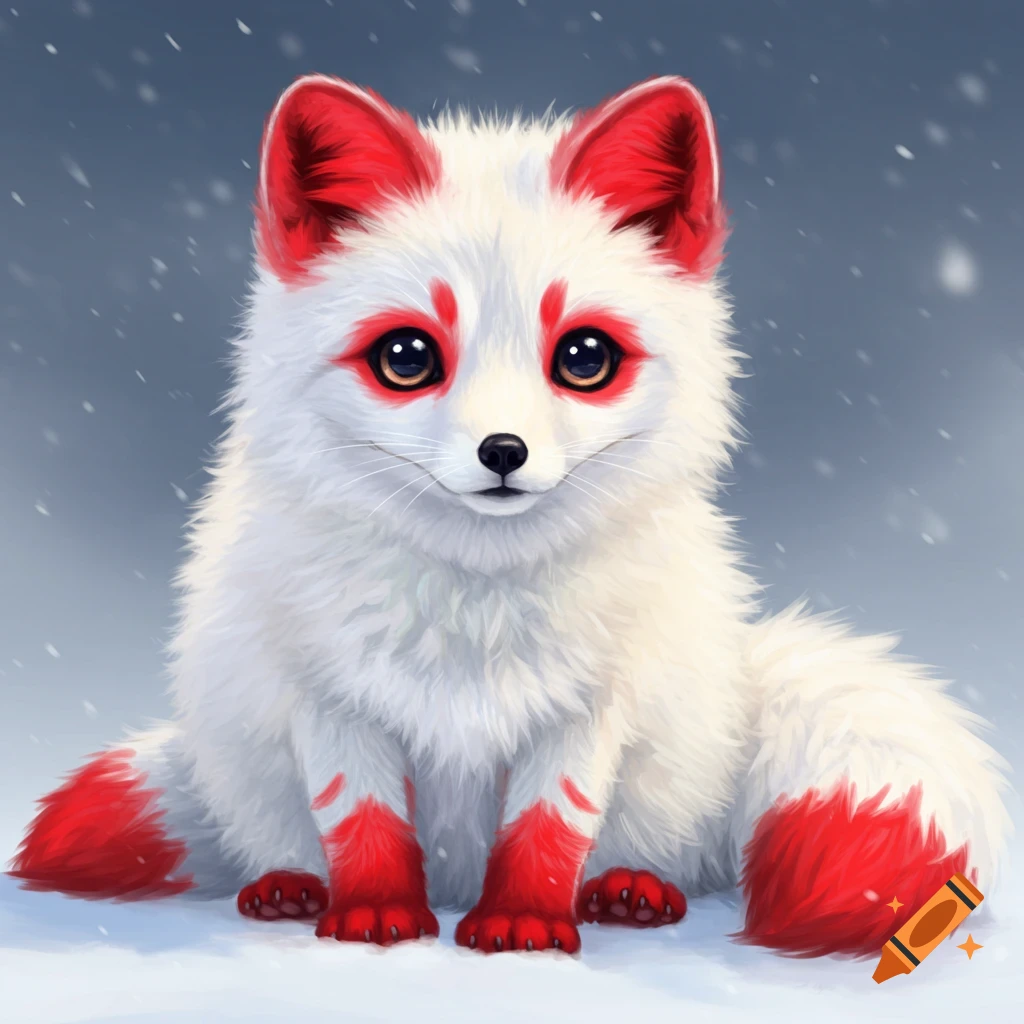 A cute white arctic fox with red accents sitting in snow.