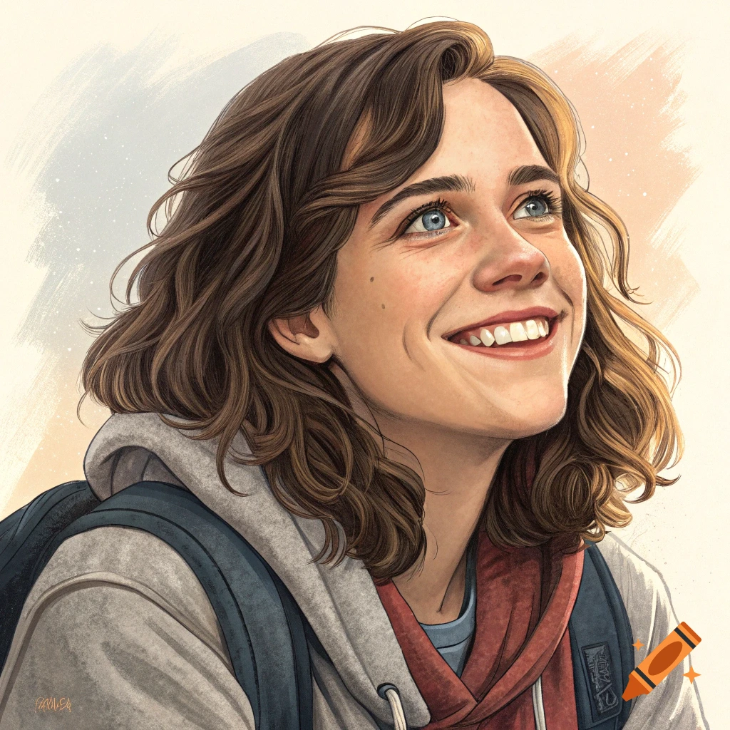 An illustration of a young woman with a backpack looking up and smiling.