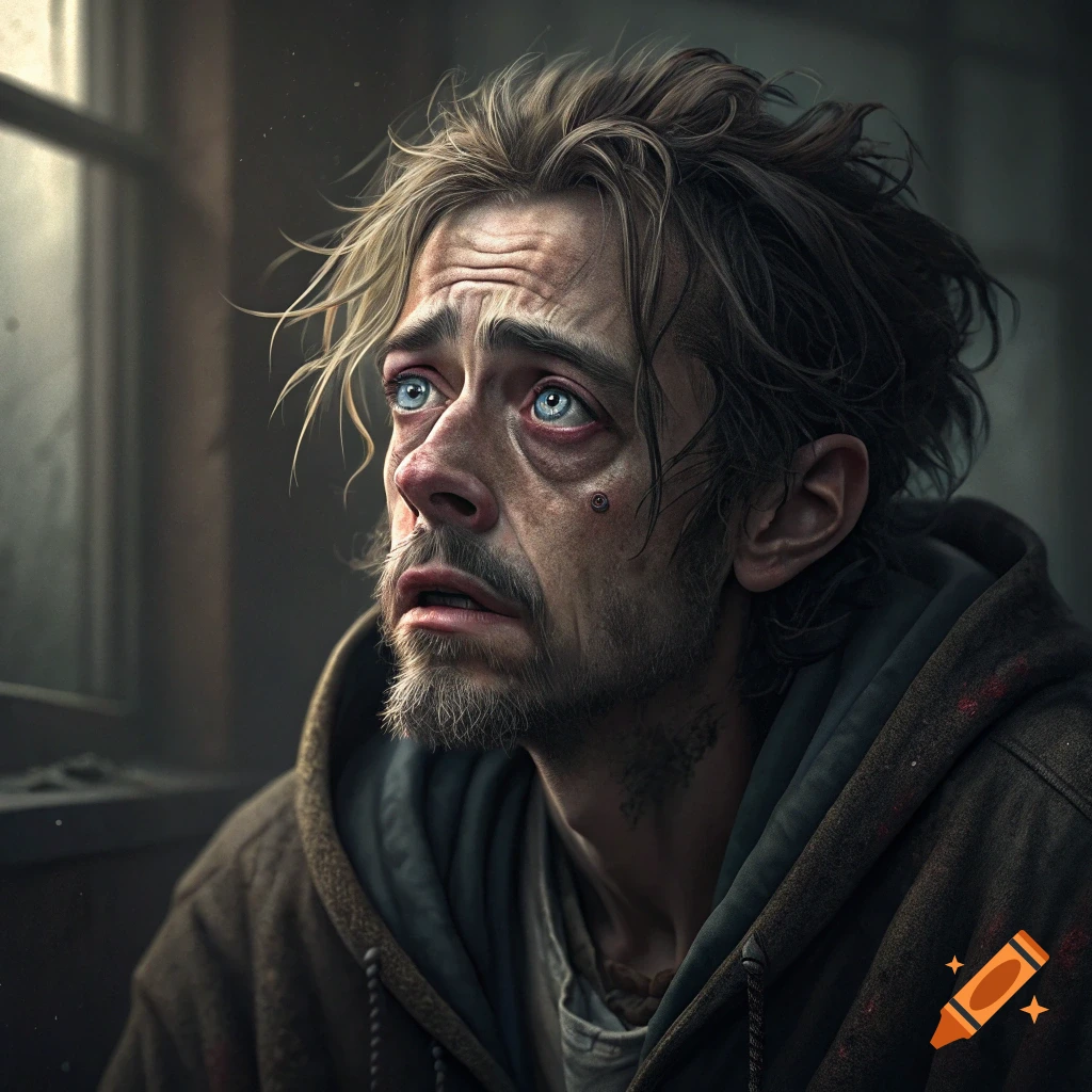 A close-up, photorealistic portrait of a disheveled man with blue eyes looking up.