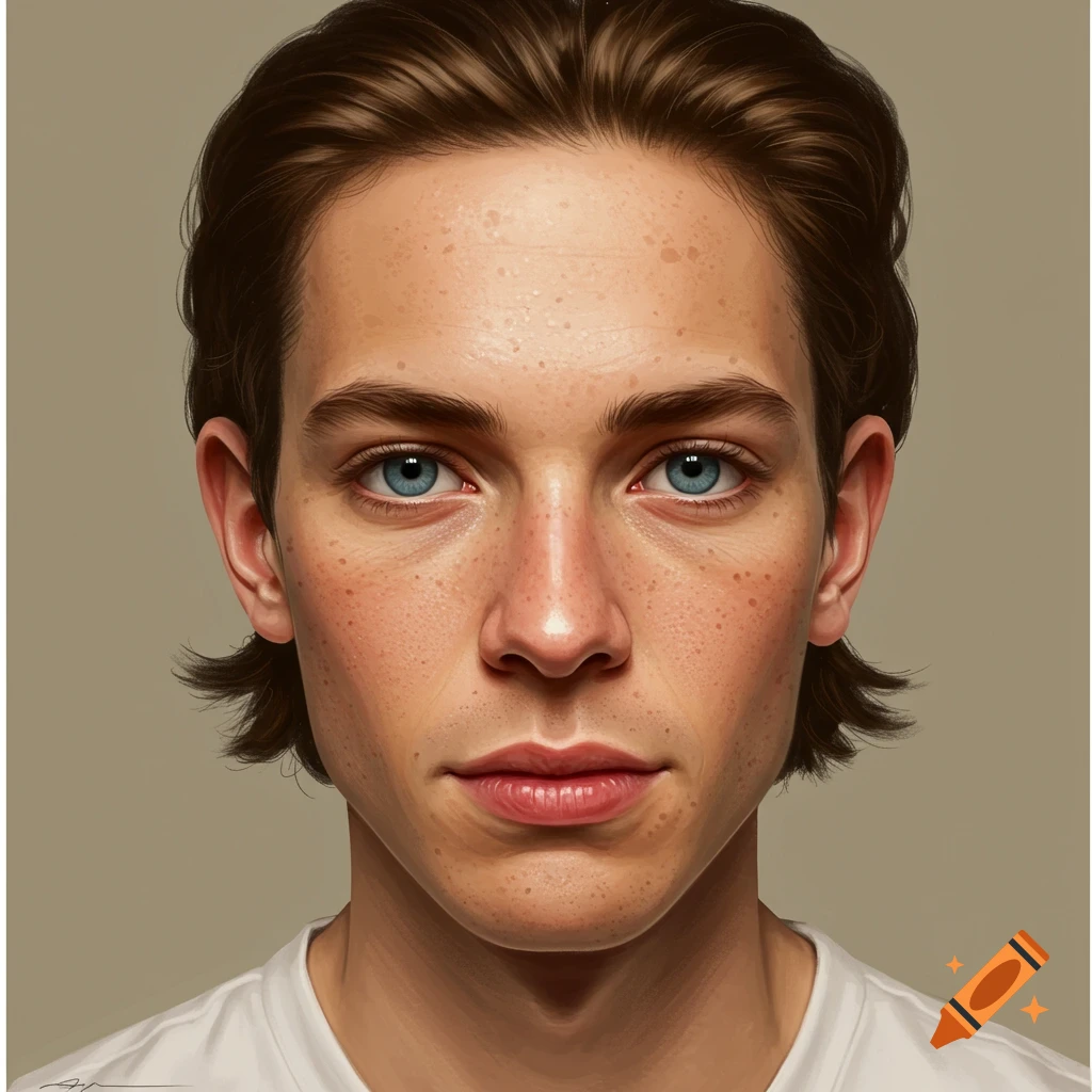 A young person's face with blue eyes and freckles.